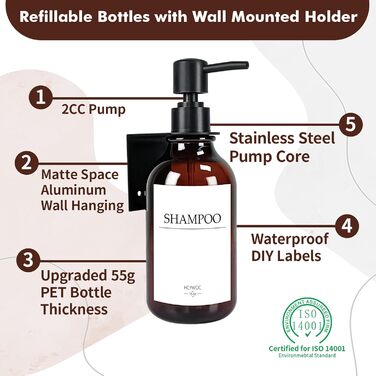 Набір дозаторів для мила та шампуню на стіну, 500 мл, 3 шт. з етикетками, без свердління, для ванної кімнати, янтарно-коричневий, чорний насос