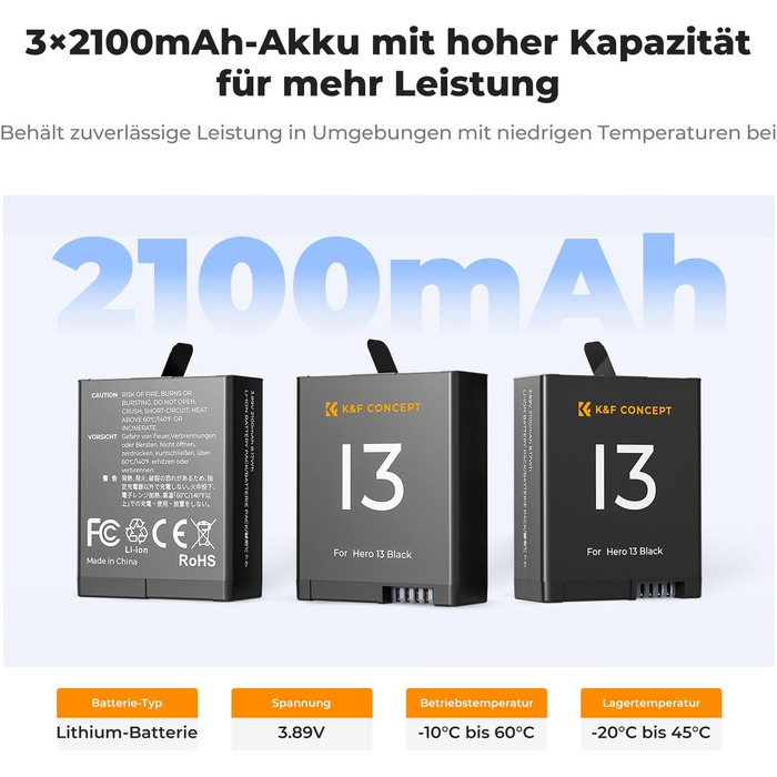 Акумулятор K&F Concept Hero 13 для GoPro 13 Black 2100mAh + LED Зарядний пристрій (3 слоти, органайзер)