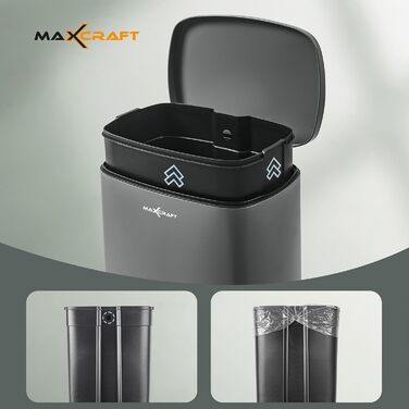 Сталевий відро для сміття з педаллю, 50 літрів, з внутрішнім відром з пластику, з м'яким закриттям, для кухні, ванної кімнати або офісу, сірий колір