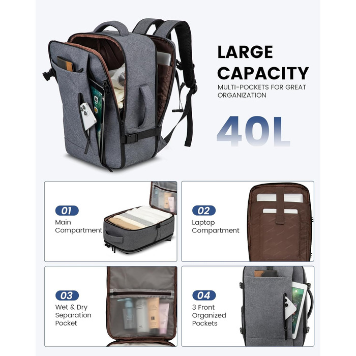 LOVEVOOK Рюкзак-валіза для ручної поклажі, 40L, для ноутбука 17.3