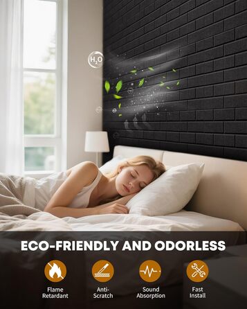 Акустичні панелі Jamelo 3D цегла, самоклеючі панелі для звукоізоляції та декору стін (30x30x0,9 см, чорні, 12 шт.) для студії, спальні та офісу