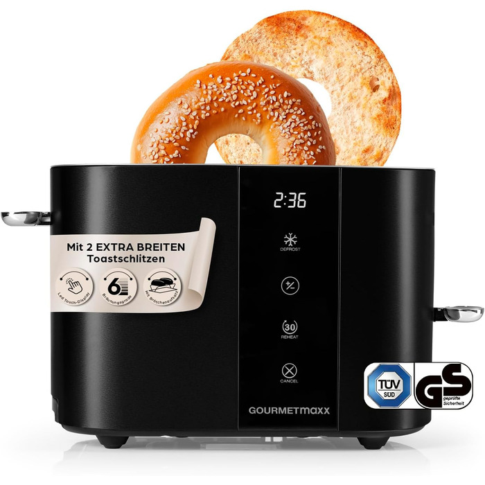 Тостер GOURMETmaxx Kurzschlitz для 2 тостів | Тостер антрацитового кольору з 6 рівнями підсмажування та таймером | Електричний тостер з сенсорним дисплеєм, насадкою для бургерів та функцією підігріву