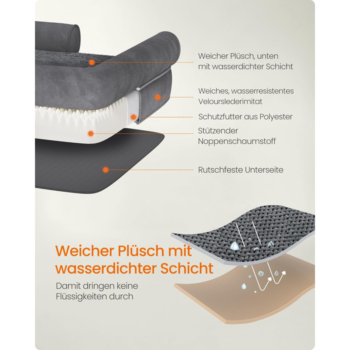 Ортопедичне ліжко для собак Feandrea, м'яке, з піднятими бортиками, 91 x 68 x 18 см, знімний чохол, антиковзаюча підкладка