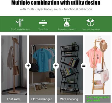 Bamboo Clothes Rack Coat Stand with 8 Hooks and 3 Shelves for Shoes, Hats, and Scarves, for Hallway, Living Room, and Guest Room