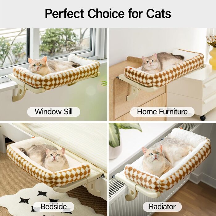 MEWOOFUN Cat Hammock Window Cat Bed Window Sill for Cats - 50x36cm Cat Bed for Radiator Cat Hammock with Soft Bed, Removable Suction Cup Free, Holds 18kg (Brown L - with Bed)