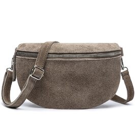 Сумка поясна жіноча Frentree® зі шкіри, Італія, крос-боді, через плече, срібний блискавка, MAXI (Taupe, замша)