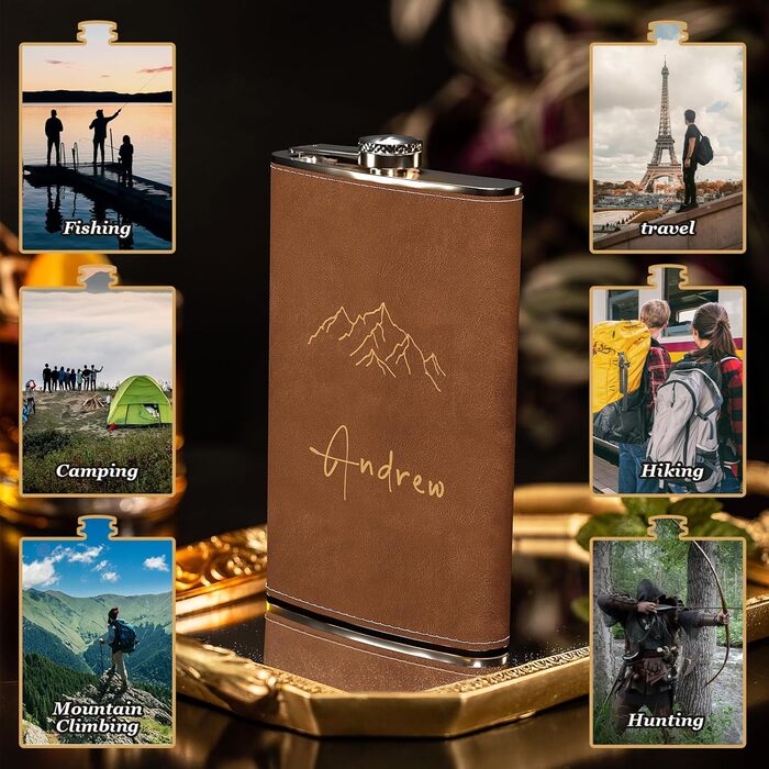 Набір фляг з гравіюванням гір, фляга з нержавіючої сталі 8oz/237ml, персоналізований подарунок на день народження, персоналізовані подарунки для чоловіків, кемперів, мандрівників (сірий) (Braun-design 5, 355ml/12oz)