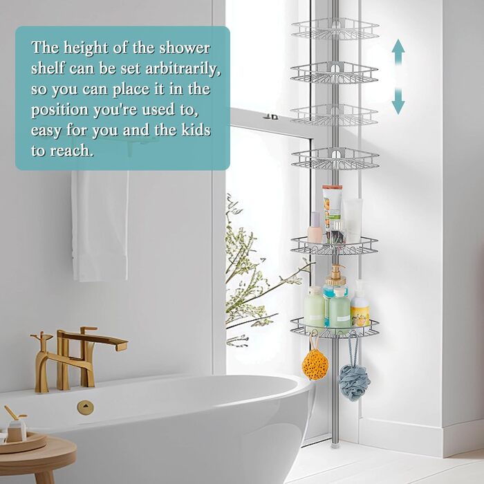 Hoomtaook Telescopic Shower Shelf, Shower Caddy Without Drilling Corner Stainless Steel Corner Shelf with 4 Shower Baskets, Telescopic Shelf Bathroom Height Adjustable 85-325cm for Bathroom and Kitchen, Grey