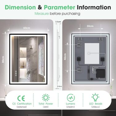 Дзеркало для ванної кімнати S'bagno з підсвічуванням 100x70 см, 5x збільшення, LED, рамка з алюмінію, протитуманне покриття, 3 кольори, диммування, функція пам'яті, HD скло, IP44, Bluetooth (чорна рамка)