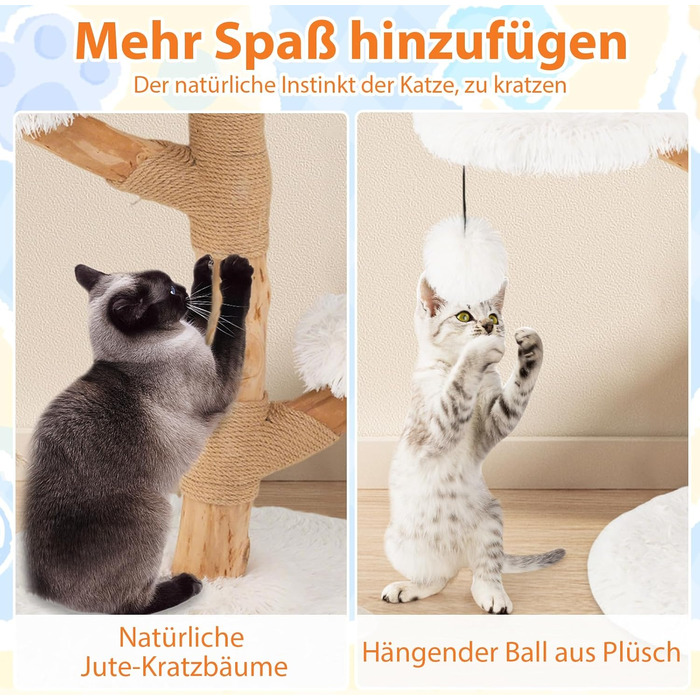 Дерев'яна кігтеточка для котів Costway 90 см з 3 м'якими лежаками, мотузкою та кігтеточкою з джуту, 4-ярусна, білий + натуральний колір