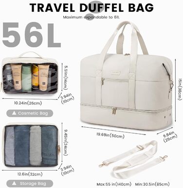 Спортивна сумка-дорожня LOVEVOOK Weekender бежева 50x38x25 см з відділенням для взуття та косметички для подорожей, ручної поїздки, пологового будинку