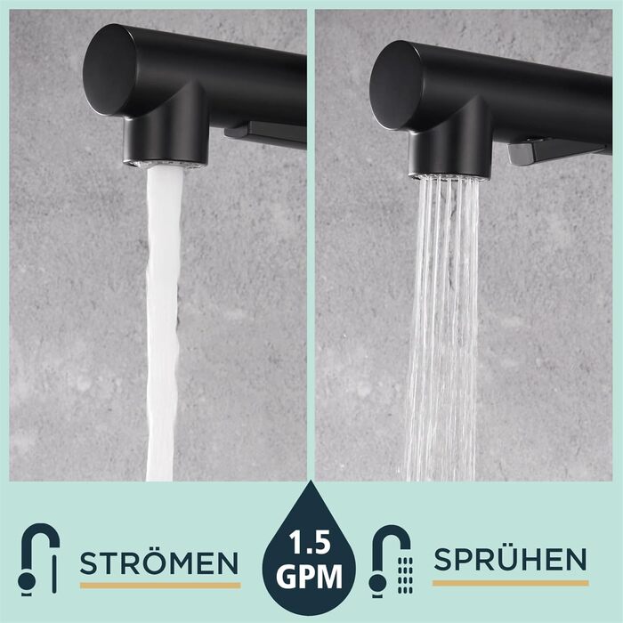 Кран FORIOUS для кухні з висувною лійкою, душовою насадкою, поворотний на 360°, 2 режими розпилення, матовий чорний