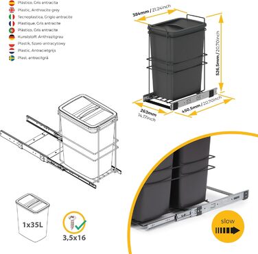 Відро для сміття кухонне Emuca з підвісною системою, 2 висувні контейнери по 20 л, загальний об'єм 40 л (2 x 20 л), сталь та пластик, сірий колір