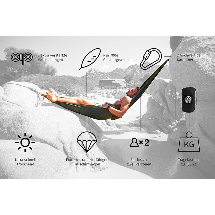 Ultralight Hammock including Carabiners & Heavy-Duty Straps (holds up to 220 kg, 275 x 140 cm) – ideal for camping, outdoor activities, trekking & as a travel hammock (Turquoise/Orange)
