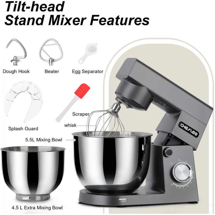 Кухонна машина Cheflee 1500W з місткими чашами 4.5 та 5.5л з нержавіючої сталі, 10+ швидкостей, набір насадок (міксер, гак для тіста, вінчик, захист від бризок) (Darkgrey)