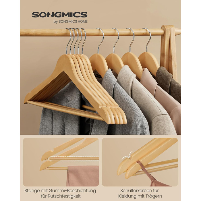 Плечики для одягу SONGMICS, 20 шт., з масиву дерева, з вирізами для плечей, нековзний тримач для штанів, обертовий на 360°, для костюмів, сорочок, натуральний колір + срібло