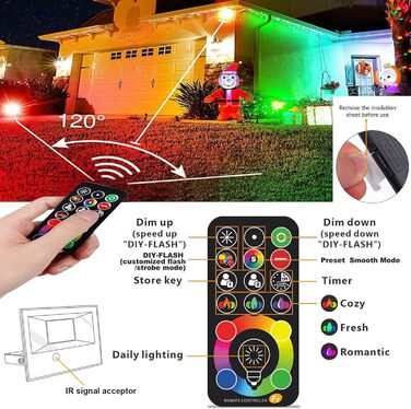 LED Floodlights, RGB LED Floodlights Outdoor 50W Spotlight with Remote Control, LED Outdoor Lights IP66 Waterproof, 120 Colors, Timer, Dimmable, Custom Modes, LED Floodlight Spotlight Wall Light