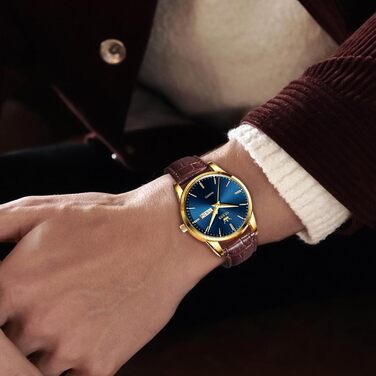 Чоловічий годинник OLEVS з нержавіючої сталі, кварцовий аналоговий годинник, класичний діловий годинник, водостійкий, з підсвічуванням, з датою, на шкіряному ремінці (C2-блакитний циферблат/коричневий ремінь)