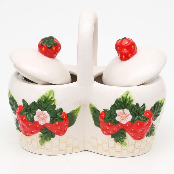 Dolomite sugar bowl with strawberry relief, size approximately 16.5 x 9.7 x 14 cm, 14
