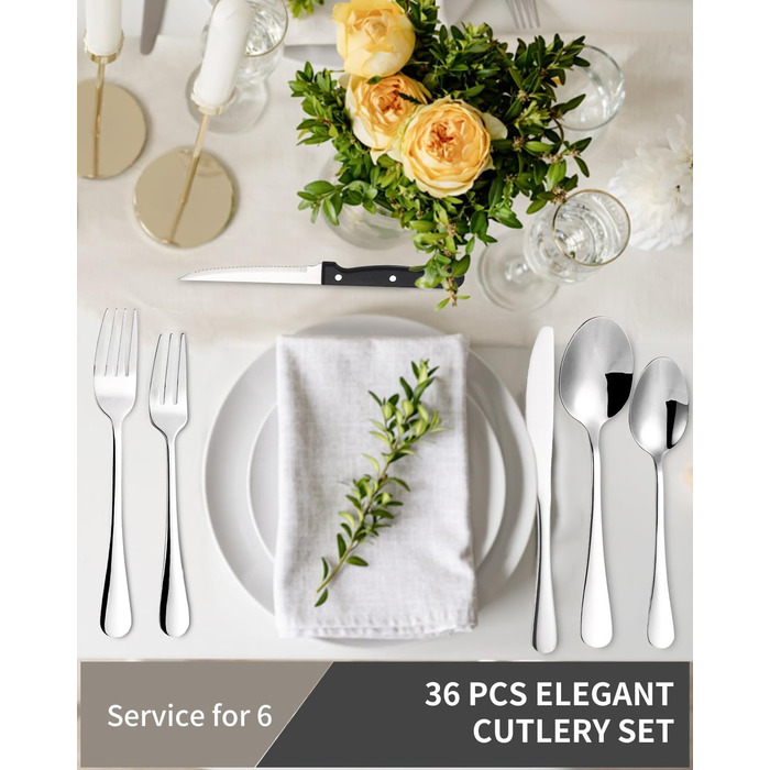 Xespis Cutlery Set, 6 Person, 36-Piece Stainless Steel Cutlery Set, with Steak Knives, Elegant Dining Cutlery, High-Gloss Polished and Dishwasher Safe, including Knife, Fork, and Spoon, for Home, Party, Restaurant