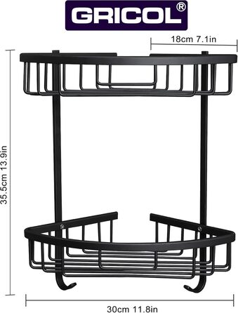 Поличка для душу GRICOL Eck-Duschregal без свердління, металева, кутова, 2 рівні, з гачками, для ванної кімнати, чорна