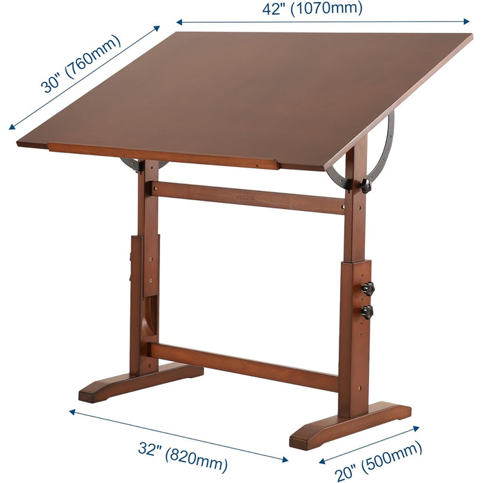 VISWIN Adjustable Art Drawing Table - Large Wooden Easel for Artists - Height & Tilt Adjustable, Solid Pine Wood, Studio Painting Table, Walnut Finish