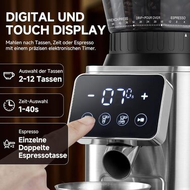 AMZCHEF Електрична кавомолка з регулюванням помелу для еспресо, drip, pour over, cold brew та French press | Срібна
