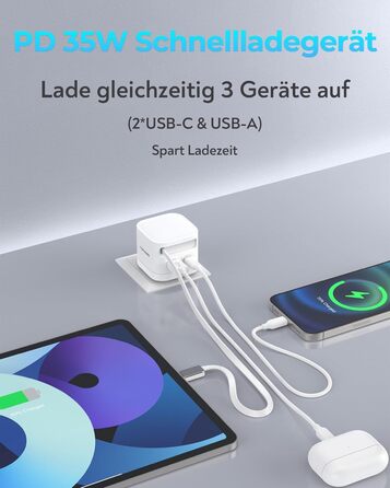 Зарядний пристрій 65W USB-C GaN з кабелем для Apple Watch, MacBook, iPhone, iPad, Samsung Galaxy - білий