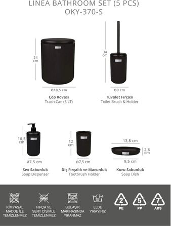 5-ти предметний набір аксесуарів для ванної кімнати чорний круглий – Розкішний сучасний набір: тримач для зубних щіток, стакан, йоржик для унітазу, мильниця та відро