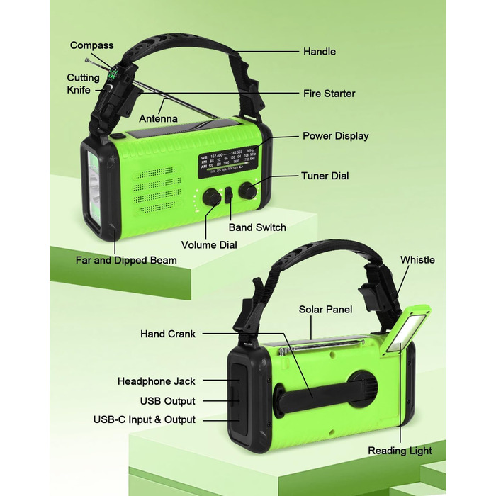 Сонячне радіо Kurbelradio з Powerbank 20000mAh, AM/FM/WB радіо, ліхтарик, зарядний пристрій USB-C, SOS-сигнал, компас, водонепроникне для відпочинку на природі, кемпінгу, екстрених ситуацій, зелений світло-зелений