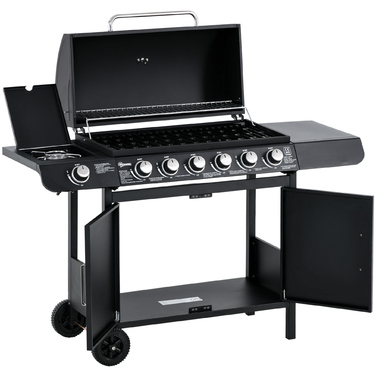 Газовий гриль Outsunny BBQ з візком, 6 конфорок, 1 бічна конфорка, шафка, багатофункціональний, метал, чорний, 135 x 50 x 100 см | Aosom