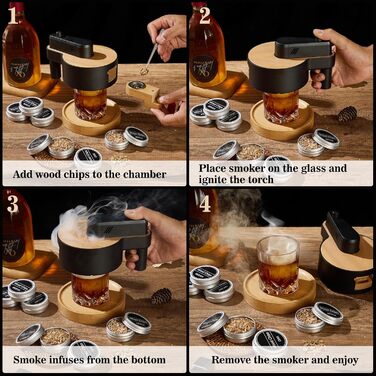 Набір для копчення віскі: 6 видів тирси, дубовий smoker з основою, 2 металеві фільтри, комплект для віскі та Old Fashioned, подарунок для чоловіків (без бутану)