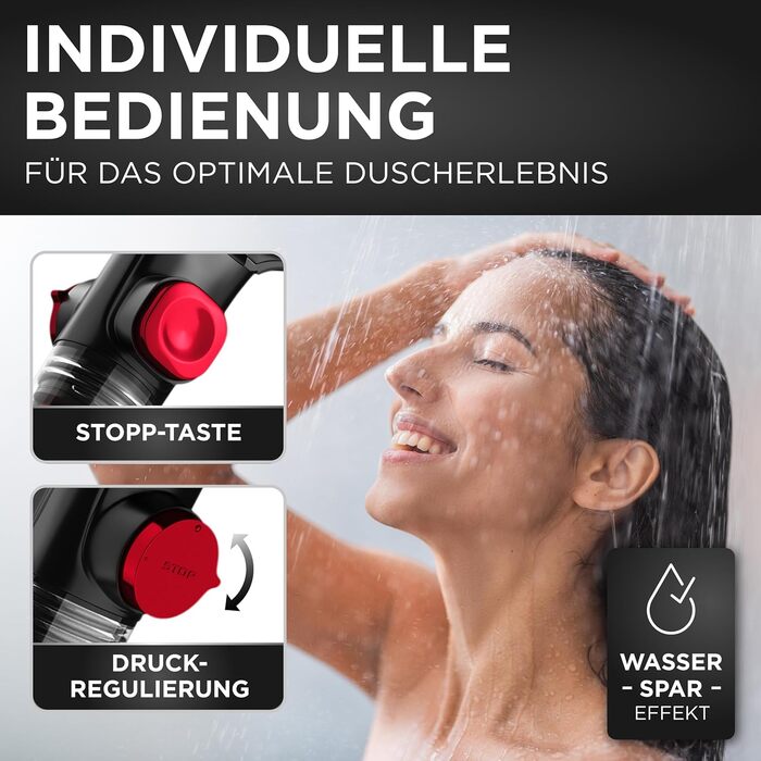 LOBENSWERK Shower Head with Filter [3 Modes - incl. Booster] Water-Saving Shower Head with Mineral Beads | Hand Shower, Shower Head, Shower in Black incl. Tool, Replacement Beads & Stainless Steel Plate (Transparent Handle)