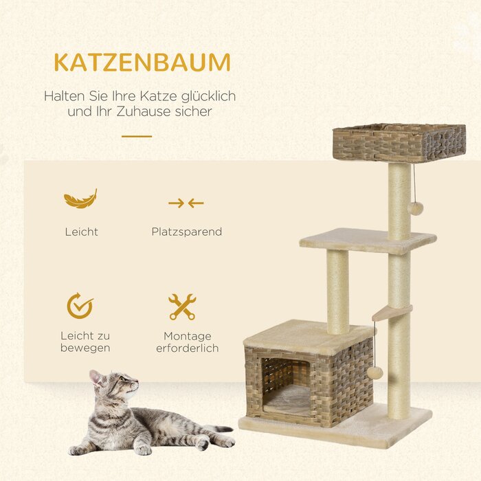 PawHut Драбина для котів з ротангу з котячою печерею, 3 яруси, іграшка-м'ячик, сизаль та м'який плюш, 108 см, коричневий та бежевий