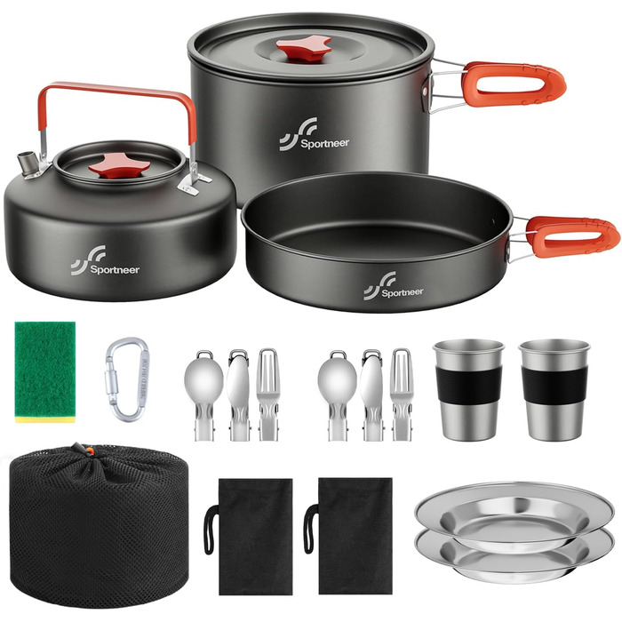 Набір посуду для кемпінгу на 2 особи: каструля, сковорода, чайник, тарілки, чашки, столові прибори (Löffel, Gabeln)