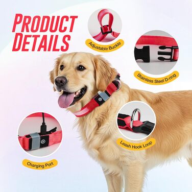 Світлодіодне нашийник для собак Jewyow 7 в 1, перезаряджається USB-C, водонепроникний, червоний (M)