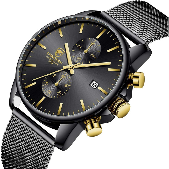 Чоловічий годинник на браслеті Mesh, кварцовий, з хронографом, водонепроникний, чорний, з автоматичною датою, нержавіюча сталь