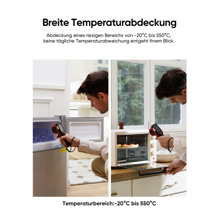 Термометр Eco Lite: діапазон -20°C до 550°C, візуальний дисплей, інфрачервоний датчик, HVAC-інструмент, подвійний режим, 14 годин роботи