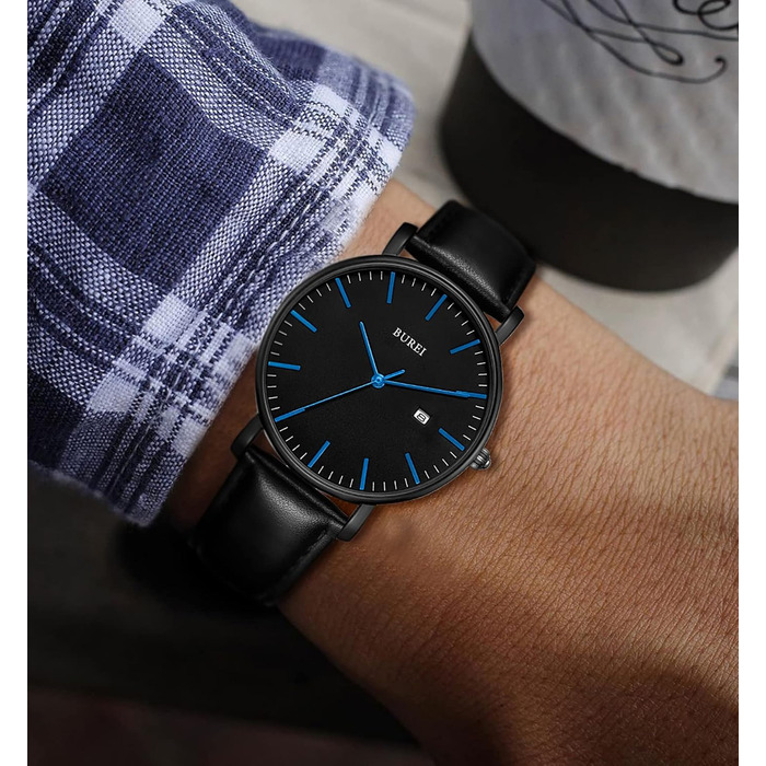 Годинник чоловічий BUREI, аналоговий кварцовий годинник з сітчатим ремінцем, мінімалістичний дизайн, чорний/синій, ідеальний подарунок для чоловіків