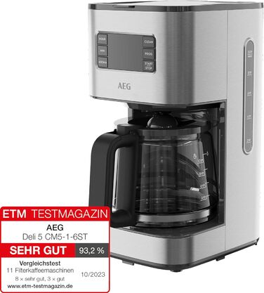 Кавоварка AEG CM5-1-6ST Deli 5, 1,5 л, нержавійка, таймер, підтримка тепла, авто-вимкнення, захист від протікання, індикатор рівня води