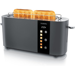 Тостер Arendo з нержавіючої сталі, 2 відділення, довгий проріз, сенсорний дисплей, подвійні стінки, насадка для тостів, 6 ступенів підсмажування, центрування хліба, індикатор часу, функція пам'яті, чорний (B: Cool Grey)