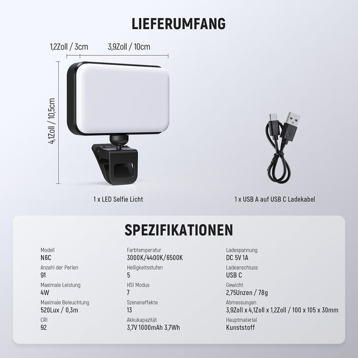 LED світло Neewer для селфі та відеозйомки на телефон/комп'ютер, 54 LED, кліпса, CRI 88, 650mAh