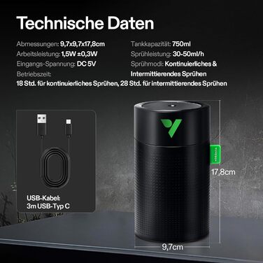 VIVOSUN AeroStream U075: USB-увлажнитель повітря, 750 мл, 2 режими туману, автовимкнення, смарт-пульт VGrow, для гроубоксів