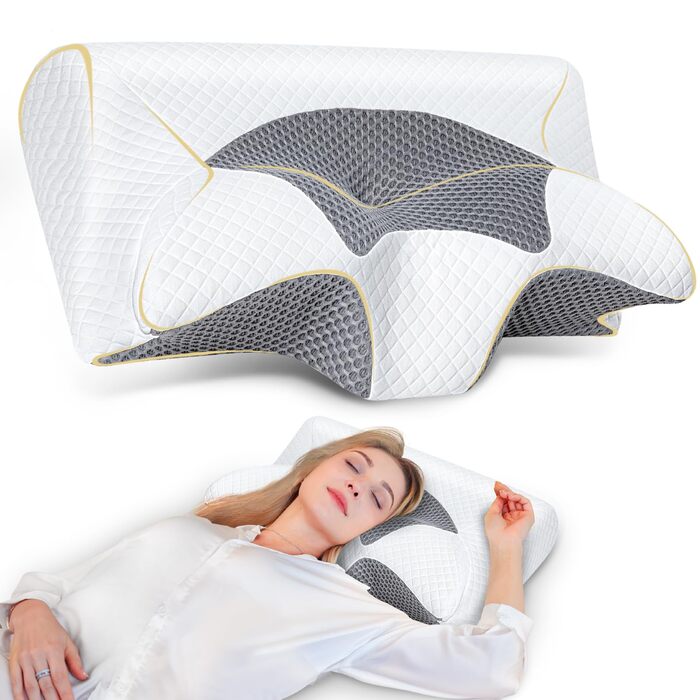 Подушка для шиї Saheyer з Memory Foam, 2-в-1: підтримка шиї, подушка для голови, для сну на боці, на животі та на спині, знімний та дихаючий чохол, 59 * 43 * 12/15 см, сіро-білий