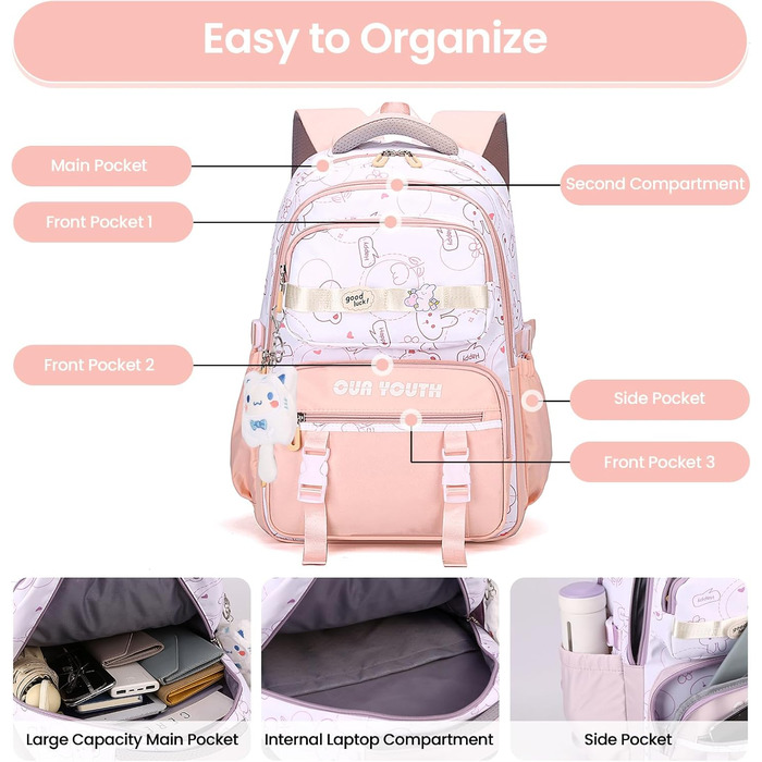 Дитячий рюкзак IvyH для дівчаток: водонепроникний, велика місткість, 2-6 клас, школа, гімназія, університет (рожевий)