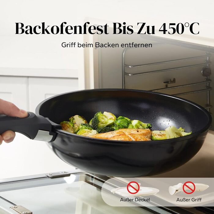 Набір посуду Redchef 16 предметів: каструлі та сковорідки з антипригарним покриттям, знімні ручки, для всіх типів плит, сумісний з духовкою, чорний