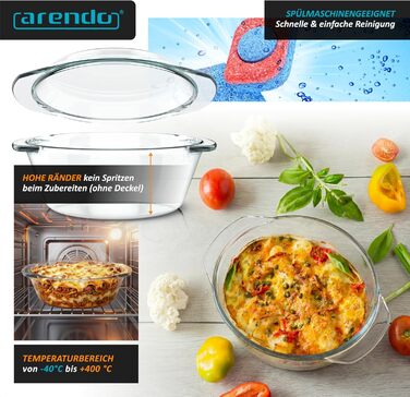 Набір форм для запікання Arendo з кришкою та ручками (3 шт.) – Borosilikatglas – 1000мл, 1500мл, 2000мл – для духовки, мікрохвильовки, BPA-free, скляні контейнери