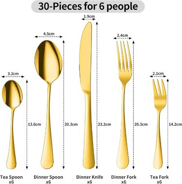 Набір столових приборів Aoeeppa на 6 осіб (30 предметів) з нержавіючої сталі, золотий