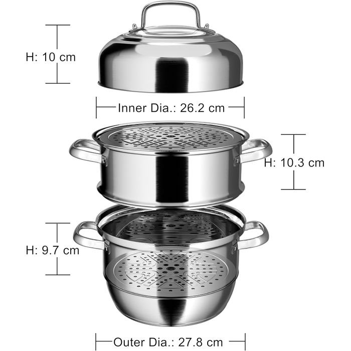 Пароварка VENTION з нержавіючої сталі, 3 яруси, діаметр 28 см, індукційна
