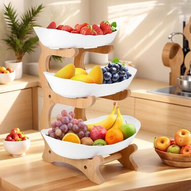 DEECOZY Трирівнева підставка для фруктів та овочів з бамбуком, біла. Організатор для зберігання фруктів, овочів та закусок